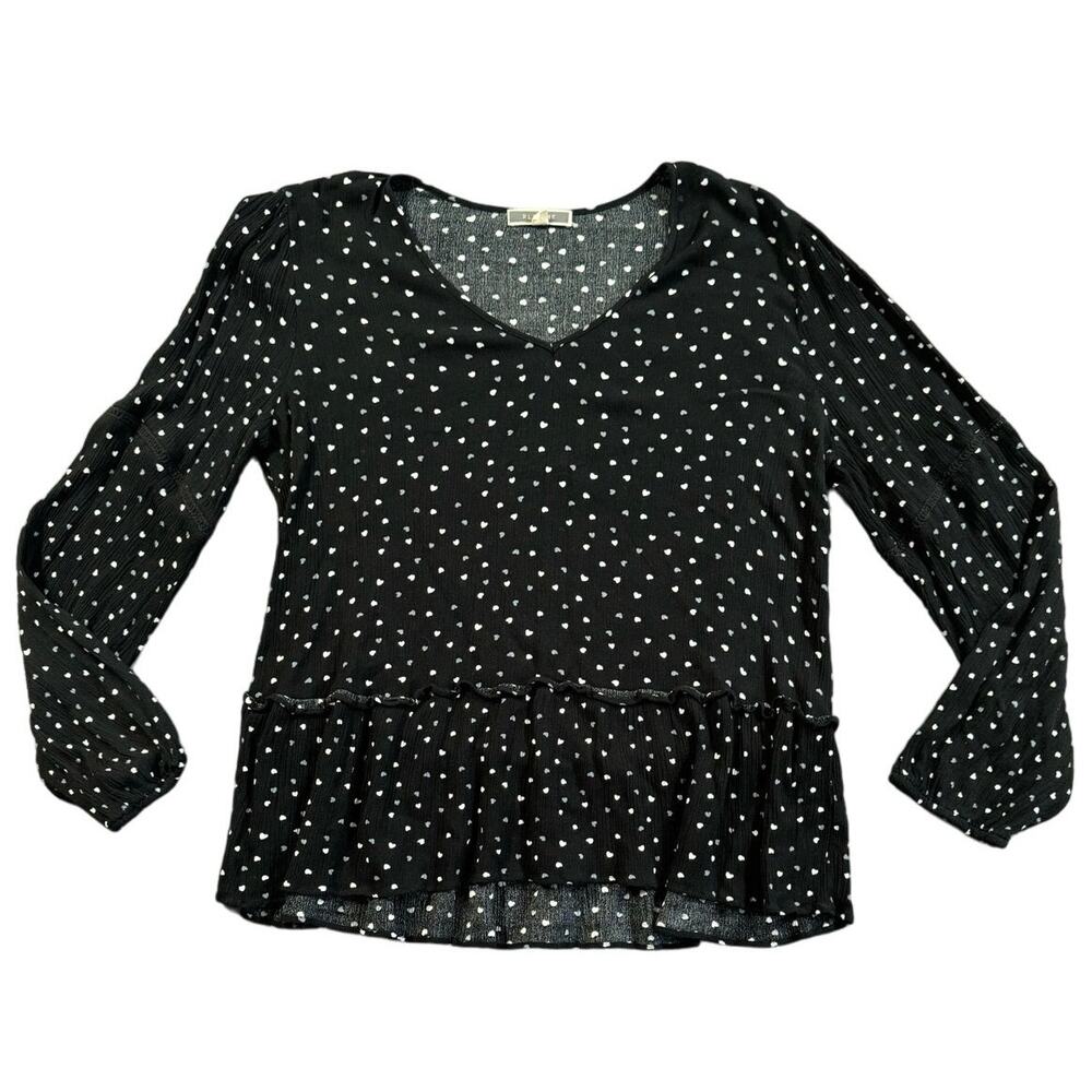 Pleione Semi Sheer Flowy Heart Top Women’s Size M Rayon Crinkle Ruffle Boho